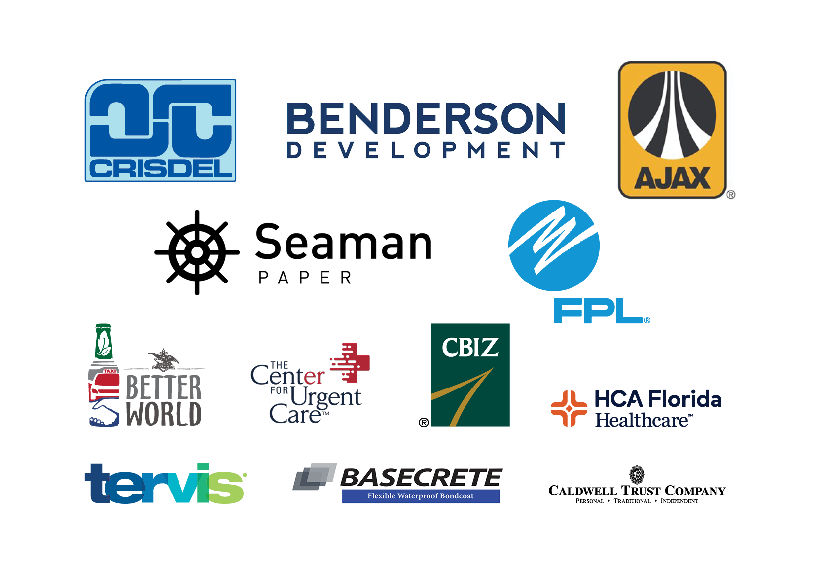 Logos for Mote SEA corporate supporters - Crisdell, Benderson Development, AJAX, Seaman Paper, FPL, Better World, Center for Urgent Care, CBIZ, HCA Florida, Tervis, Basecrete, Caldwell Trust